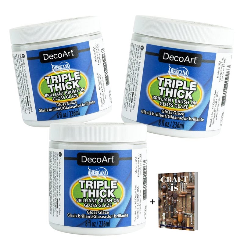 DecoArt Triple Thick Gloss Glaze - 3 Pack 8oz Clear Coat Gloss Glaze - Brush On Ceramic Glaze Luster Sheen for Home Decor, Wall Art Projects, Art Stuff, & DIY Crafts - Thick Clear Glaze with E-Book - Image 1